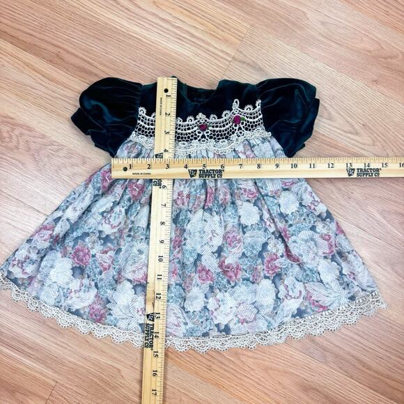 Baby Girls Vintage Dress 12M 90s Christmas Holiday Velour Floral Rose Lace Green - Picture 3 of 5